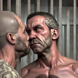 realistic, two italian prisoners 44 years old kissing in prison behind bars, dirty, ugly, bullneck, muscular tubby, in tank top, long hairs, manly chest, misery and poverty, emotive eyes, photo 50mm lens, side view, photorealistic, ultradetailed