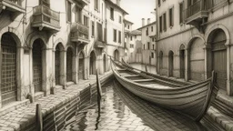 A masterful pencil sketch of a narrow Venetian canal, capturing the essence of the city's charm. The water shimmers with dappled sunlight reflecting off the surface, creating a dreamy ambiance. Several traditional Venetian boats are moored along the canal, while the buildings in the background exude the classic Italian architecture. The intricate shading adds depth to the scene, making it appear almost three-dimensional. The overall effect is one of tranquility and timeless beauty.