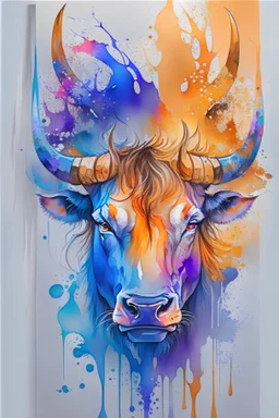 watercolor on transparent background paper, chromatic, zoom, very sharp, splash of colors on a white background, Mixed colors, Sharp detailed angry Bull with crown, orange eyes, details on eye, a detailed golden purple sunset fire style, Beach with light blue water, graffiti elements, powerful zen composition, dripping technique, & the artist has used bright, clean elegant, with blunt brown, 4k, detailed –n 9, ink flourishes, liquid fire, clean white background, zoom in,