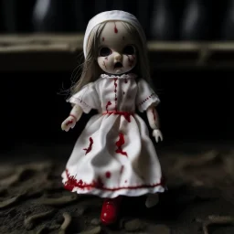 A girl's doll wearing a white dress with red blood bleeding from the back