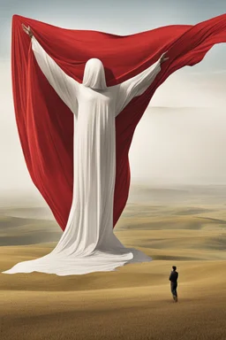 Giant massive huge in stature, majestic entity, hovering and floating over a large field landscape. the entity wears a white and red draped fabric that has printed on the material resembling stars. the fabric has also technological elements. you can see how big it is compared to a tiny human standing in front of it