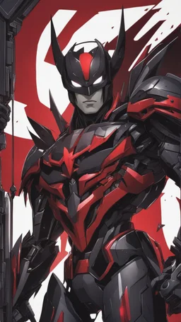 A close picture to Mix between symbiote and machine and batman in transformers cyborg with black metal and red details armor in solo leveling shadow art style with red details detailsis in fantasy world
