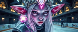 close up portrait of shiny ice priestess dark elf gremlin babe with lavender eyes and white silver hair, and with magical aura hockey staff, pin hole cam, master oil painting by Rembrandt, d&d glam rock and glitter vampire gremlin illithid and lich playing hockey in ice skating hall or church, in the style of giger and escher, sci fi with floating little saucers