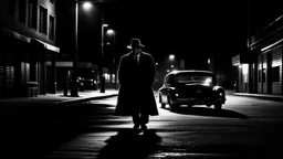 film noir, wide view, street, long shadows, at night