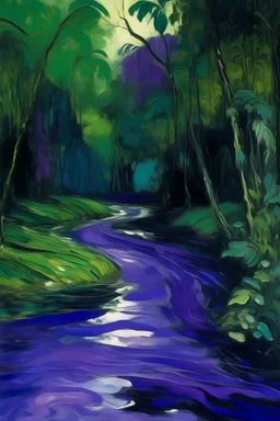 A purple poisonous jungle with a toxic river painted by Claude Monet