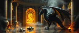 master oil painting by Escher and Giger, glaring vases and black humanoid reflective female dragon and hidden golden dragon inside marble hall library, cryptic eggs, sacred geometry, fire fog and steam border