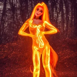 woman made of fire, fire angel, fire clothes, full body portrait, long flowing yellow hair, highly detailed, real life photo, photo quality, extremely detailed, highly detailed, 8K, crisp quality, looking at me