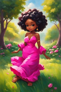 In this expressive oil painting, we encounter a delightful chibi black cartoon character, radiating charm and elegance. She sits relaxed on the lush green grass, basking in the warmth of the sunlight that envelops her. Her curvaceous figure is adorned in a stunning hot pink maxi dress, the vibrant color accentuating her vivacious personality. The centerpiece of the character is her voluminous tight curly afro of black hair, meticulously detailed with each curl lovingly rendered. The curls casca