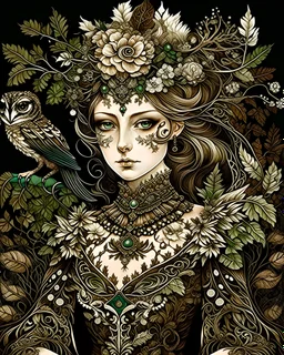 Beautiful venetian black and brown ink art rococo style Forest elf youndg woman portrait adorned with Forest owl and bird nest malachit and white ink art covered and bird headdress palimpsest venetian masquevoidcore rococo style botanical filigree Forest botanical wooden embossed costume armour ribbed with Forest mineral stone Bell flowers and costume botanical malachit colour and beige ink art brown ink art embossed wooden filigree fairy armour dress organic bio spinal ribbed detail of bokeh Fo