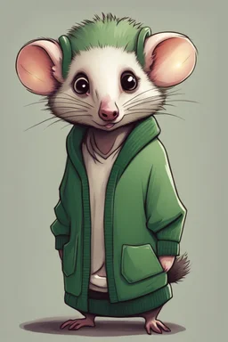 Green opossum wearing cardigan cute cartoonish art