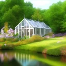 petite maison en verre transparent dans une clairière fleurie, rivière, 8k