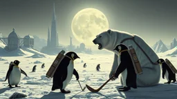 buster keaton as unstable polar growlar bear on the planet of Ceres, with some penguins with rocket backpacks playing golf with astronauts, in front of ice megapolis
