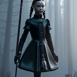  Greta Thunberg with wednesday addams black dress,soft goth libstick, wednesday addams make up, overknee socks, dramatic lighting, highly detailed oil painting, volumetric lighting