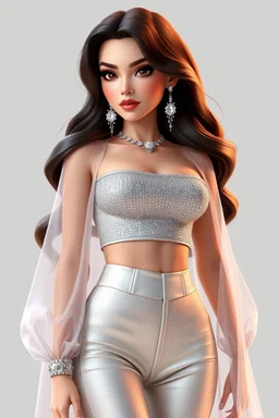 A stylized 3D render of Madison Beer portrayed as a glamorous modern pop icon with a soft yet confident aura. She has radiant, porcelain skin, long voluminous dark brown hair cascading in gentle waves, and captivating hazel eyes framed by bold lashes and shimmering makeup. Her outfit is a chic, form-fitting ensemble—a glittering silver crop top paired with high-waisted satin pants and a long translucent cape that flows behind her, catching the light. Delicate jewelry—crystal earrings, layered ne