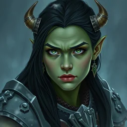 A digital illustration shoot from a portrait camera angle about a portrait of a young orc woman with dull green skin. In the middle of the image, a 20 years old orcish woman, appears to be looking at the viewer lost in thought. she has long black hair and is wearing armour. Fantasy, ice, magic