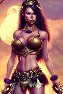 hawaii milf, brunett hair, warrior princess, nacht, große oberweite, corsage, necklace, fantasy art