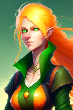 fantasy setting, woman with orange and white hair, green eyes, tall and frail, kind, soft facial traits