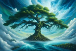 epic 4k oil-painting of immovable tree colliding with unstoppable gusts of wind energy force traveling high above calm clouds, florescent