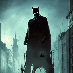 Zombie batman, dramatic light, cityscape, twilight, dystopian setting, high contrast, painted by greg rutkowski, cinematic