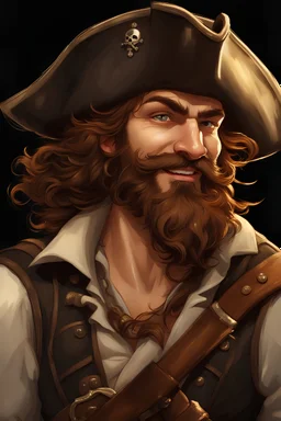 Picture of a Happy, really happy pirate that has a swashbuckling figure with a strong, athletic build and wavy, sun-kissed chestnut hair that often fell just above his shoulders. His piercing, adventurous hazel eyes held a sparkle of mischief and determination. He often sported a neatly trimmed beard and a mustache that added to his rugged appearance. Dressed in a tattered, long, navy-blue coat with golden braids and buttons, he wore a white, ruffled pirate shirt underneath.