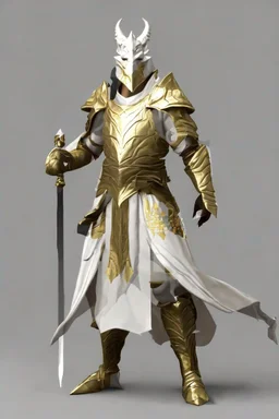 Full Body, White Dragonborn, Monk Knight, Fighter Pose, White and Gold outfit colour theme