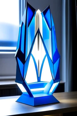 gaming table lamp inspired by dubai tower buliding architecture futuristic-modern stlye. geometric form, blue and white color scheme