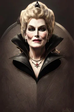 painting of merryl streep as evil queen in black leather, feminie, angry, strong, volouptous, busty, cleavage, emperious, mature, highly detailed, digital painting, artstation, concept art, smooth, sharp focus, illustration, art by gaston bussiere and alphonse mucha