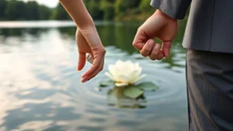 close up Back view couple holding hands close a lake, a white rose swims on the water, in the blur background a lake, some green trees, ultra detailed, sharp focus, perfect anatomy, perfect hands with fingers, perfect photo