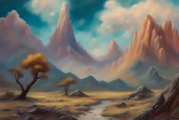 mountains, rocks, trees, cosmic fantasy influence, clouds, cosmic and future influence, 2000's sci-fi movies influence, jenny montigny and friedrich eckenfelder impressionism paintings