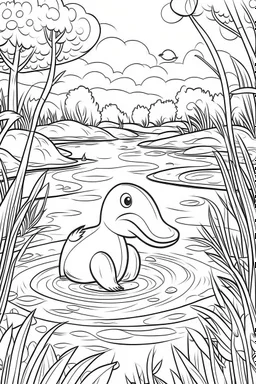 Draw a whimsical scene of a platypus exploring a riverbank, clean line art, white background, no shadows, well outlined, for kids coloring book.
