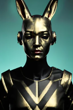 Medium Close Up Portrait, Front image. cyberpunk, rabbit mask, teenager, asian woman, cyber helmet head. Latex dress. Yellow, black, color. Thor style. renaissance ornaments, Color background, photo studio. Front image, highly detailed, concept art, smooth, unreal engine 5, ray tracing, RTX, lumen lighting, ultra detail, volumetric lighting, 3d, finely drawn, high definition, high resolution.