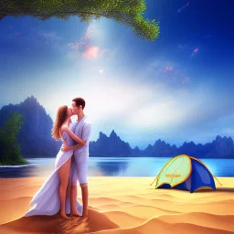 2 lovers last kiss in sand island with tent and river background