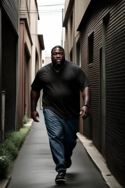 Tall big fat black man really far away running down a alleyway