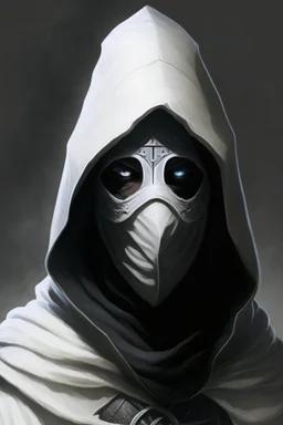 dungeons and dragons man wearing black robes and hood wearing a plain white mask with eyeholes