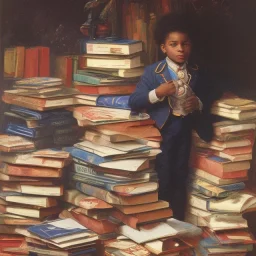 Smart African American young boy on pile of books by Monet