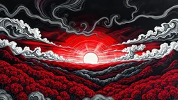 Black and white and red landscape, fantastical surrealistic, elegant, wispy clouds, beautiful high definition acrylic art, sunrise, watercolor patchwork, Daniel Merriam style, Ivan Bilibin, Ernst Haeckel, Jean-Baptiste Monge, Picasso, Caspar David Friedrich, Jacek Yerka, Richard Dennis, Joe Fenton, Andree Wallin, İsmail İnceoglu, Wassily Kandinsky, Thomas Kinkade, 3D line art, Zentangle style, artstation, extremely detailed, intricate, beautiful, award winning, fantastic view, fantasy, elaborate