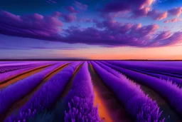 A striking landscape of a sprawling lavender field, with row upon row of vibrant purple blooms, stretching to the horizon beneath a vivid, azure sky.