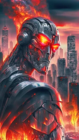 chrome cyborg , glowing red eyes, city in flames in the background