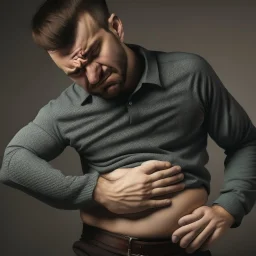 A man puts his hand on his stomach and feels angry