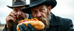 mean looking amish macho mafia thug with hot dog