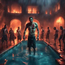 Hyper Realistic male zombie pool party at heavy rainy night inside a burning castle