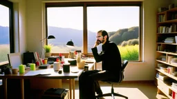 الصورة تعرض ستيف جوبز وهو جالس في مكتبه الخاص، وراءه نافذة تطل على مناظر طبيعية هادئة. يظهر جوبز وهو يرتدي ثوبًا بسيطًا ويتلقى مكالمة هاتفية بينما يعمل على جهاز كمبيوتر محمول. يتسم وجهه بتعابير التفكير العميق والابتسامة الخفيفة، مما يشير إلى تركيزه الشديد وتفكيره الابتكاري. على مكتبه، يمكن رؤية مجموعة من المخططات والنماذج المصغرة لأجهزة تكنولوجية، مما يظهر اهتمامه بالتفاصيل والتصميم المميز. كما يمكن أن نلاحظ تواجد كتب وأدوات كتابة، مما يشير إلى تطلعه المستمر للمعرفة والابتكار. الإضاءة في الصور