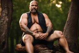 close up photography of a marocan 44 years old seated on a tree trunk in the wood, burly chubby muscular overweight, manly chest, white bulging boxer, shirtless, hairy , golden hour, tatoo,, 35mm lens, f/1.8, accent lighting, global illumination, frontal view from the ground