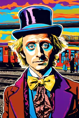 painting of a psychedelic portrait of willy wonka waiting for a train at the train station by van gogh and andy warhol infusion.