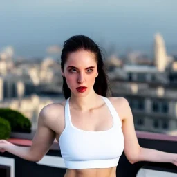 professional photo of a beautiful young woman, gorgeous beauty, sweaty pale skin, symmetrical face, wearing white sports bra, toned stomach, perfect boobs, dense voluminous hair, rooftop terrasse gym in background, penthouse environment, stunning background with city view, cinematic lighting, highly detailed, intricate, sharp focus, (((depth of field))), (((f/1.8))), 85mm, (((professionally color graded))), (((dusk))), soft diffused light, volumetric fog, hdr 4k, 8k