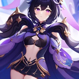 Clear focus,High resolution, Black short fluffy hair, and purple eyes, wearing a Genshin Impact Inspired Outfit,Detailed Clothes,A little bit revealing, must wear a short skirt