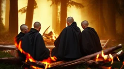 Black robed monks sitting around a fire in the forest