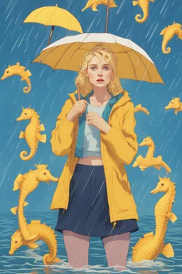 In the music video, a 23-year-old woman with blonde hair and bright blue eyes stands in the sea, se has a bun. dressed in a yellow fisherman's jacket. She holds an umbrella, but it offers no protection from the pouring rain. Around her, seahorses are moving. The rain is pouring heavily. She is standing in the middle of the sea. You can see here completely. The rain is pouring really really hard. horses