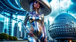 woman in a silver catsuit with circuitry, standing in a futuristic alien city holding a parasol shaped like a mushroom with tentacles