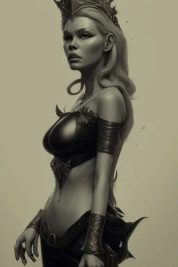 Brigitte Bardot as evil queen in black leather, leather, busty, cleavage, angry, stern look. character design by cory loftis, fenghua zhong, ryohei hase, ismail inceoglu and ruan jia. unreal engine 5, artistic lighting, highly detailed, photorealistic, fantasy.